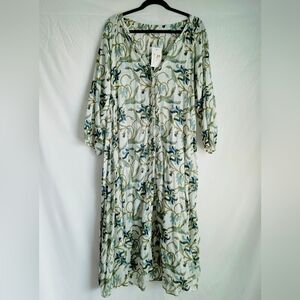 Boho Botanical Block Print Cotton Gauze Midi Dress Small NWT